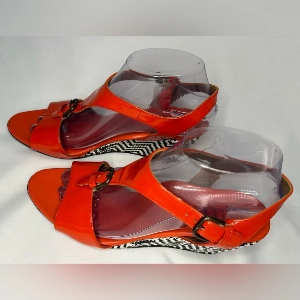 Anyi Lu Women’s Lola Red/Orange Patent Wedge Sandals Handmade in Italy Size 39